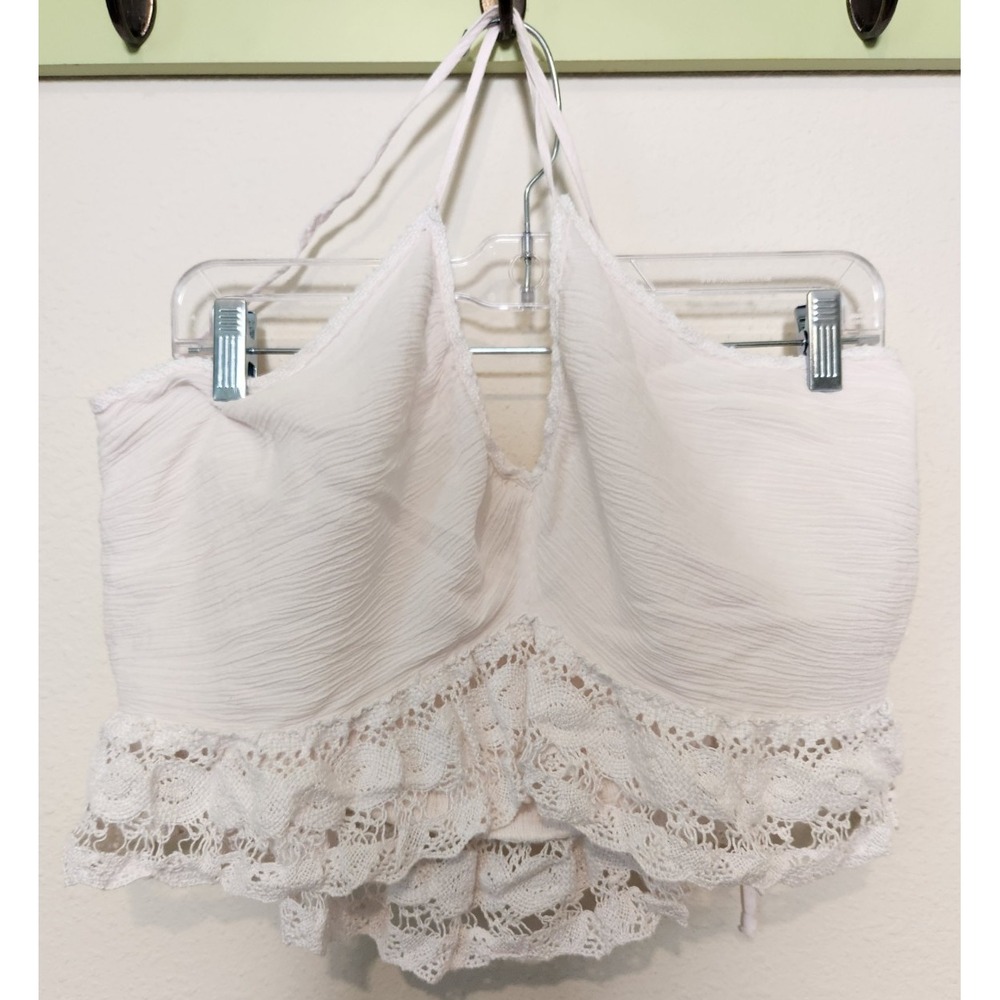 American Eagle Pink Halter Tie Crochet Trim Crop‎ Top V-Neck Smocked XXL Beach